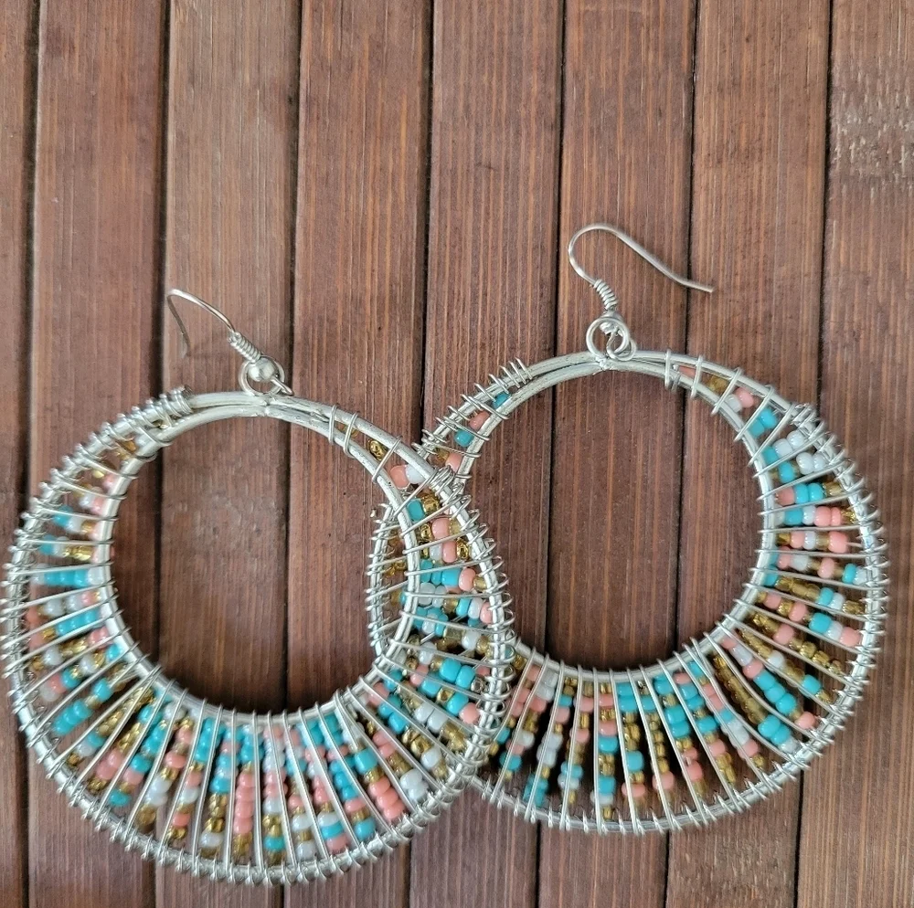 Large Blue and Pink Beaded Hoop Earrings Bracelet Cuff Set.